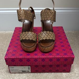 Tory Burch Tan Laser-Cut Cork Wedge Sandals